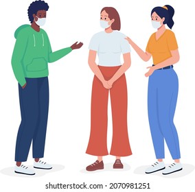 Friends talk in face masks semi flat color vector characters. Interacting figures. Full body people on white. Covid safety isolated modern cartoon style illustration for graphic design and animation