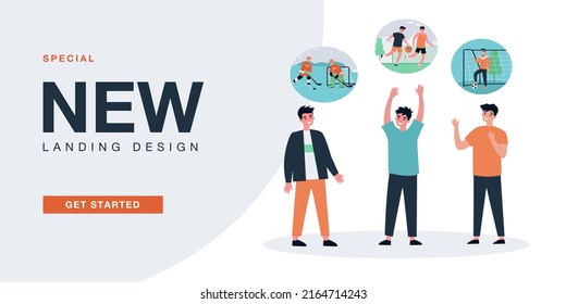 Friends talking about team sport games in bubbles above heads. Boys meeting for conversation flat vector illustration. Communication, school concept for banner, website design or landing web page