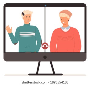 Friends talking to each other via video call, online conference. Guys on the computer screen, communication with a colleague via webcam, telecommunication, online courses and distance education