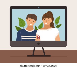 Friends talking to each other via video call, online conference, virtual meeting. Young man and woman on the computer monitor, communication with a colleague via webcam, distance telecommunication