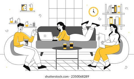 Friends talking indoor line. Men and women sit in apartment and communicate. Young boys and girls spend time together. Students with coffee and gadgets. Linear flat vector illustration