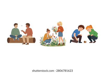 Friends talking on a log picking spring flowers and observing a small snail vector set.