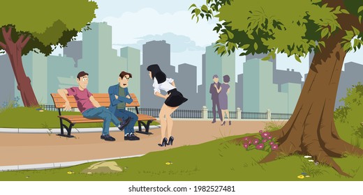 Amigos hablando en el banco del parque. Ilustración para internet y sitio web móvil. 