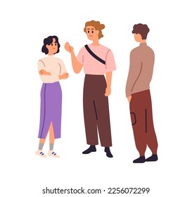 Friends talking, standing together. Happy young characters chatting. People speaking. Friendly conversation, informal communication concept. Flat vector illustration isolated on white background