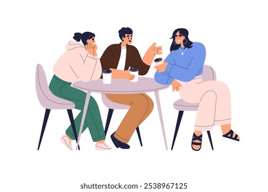 Amigos conversando à mesa, desfrutando de café e conversando. Encontro de grupo de pessoas felizes para comunicação amigável, sentado e conversando, falando. Ilustração de vetor plano isolada no plano de fundo branco