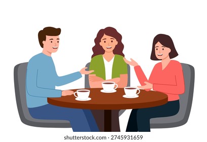 Friends talking at table, enjoying coffee and conversation. Happy people group meeting for friendly communication, sitting and chatting, speaking vector illustration on white background