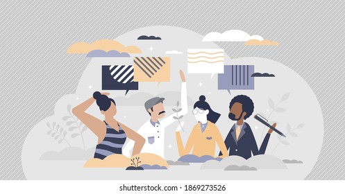 Friends talking together as social group conversation tiny person concept. Multiracial friendship with various opinions and information exchange scene vector illustration. Communication and brainstorm