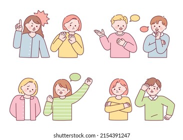 Amigos hablando con diversas emociones. ilustración vectorial de estilo de diseño plano.