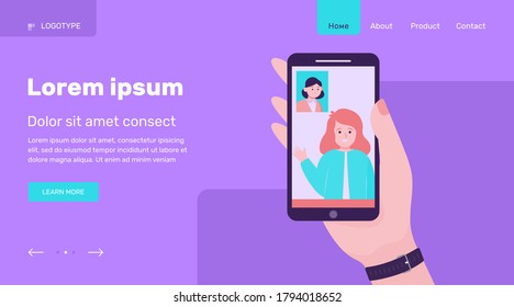 Friends talking via video chat on smartphone. Distance, phone, hand flat vector illustration. Technology and communication concept for banner, website design or landing web page