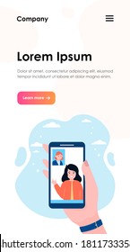 Friends talking via video chat on smartphone. Distance, phone, hand flat vector illustration. Technology and communication concept for banner, website design or landing web page