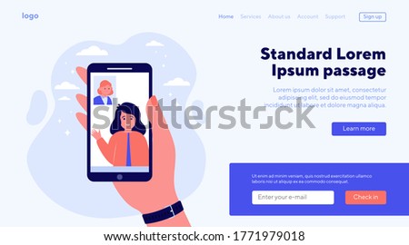 Friends talking via video chat on smartphone. Distance, phone, hand flat vector illustration. Technology and communication concept for banner, website design or landing web page