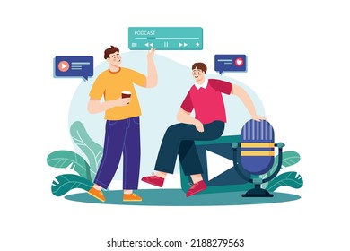 Friends talking while having the podcast Illustration concept. Flat illustration isolated on white background