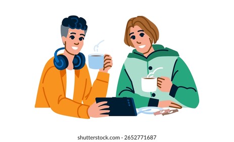 amigos adolescentes meninos café vetor. música de jogo, snacks vibe, estilo moda amigos adolescente meninos café personagem. pessoas desenho animado plano ilustração