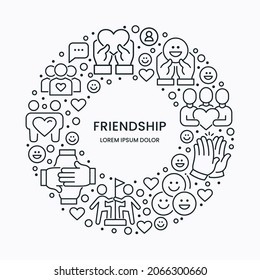 Friends thin line icons in a circle shape isolated on white with vector symbol of hands, smile, group of happy people. Relationship and community background design template 