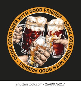 Friends toast with various beer styles at a casual gathering during the evening. Laughter and good times fill the air as they savor their drinks together.