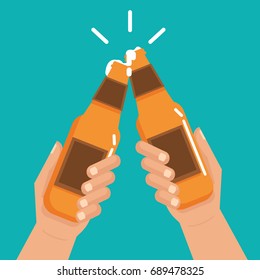 Friends toasting with bottles of beer. Flat style vector illustration.