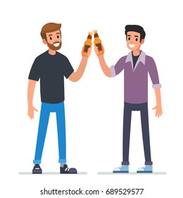 Friends toasting with bottles of beer. Flat style vector illustration.