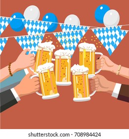 Friends toasting with glasses of beer and celebrating together.Octoberfest  festival.Vector