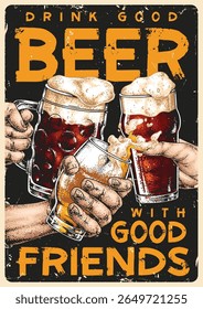 Friends are toasting with a variety of beer in hand celebrating together at a casual gathering. The atmosphere is lively and full of camaraderie.