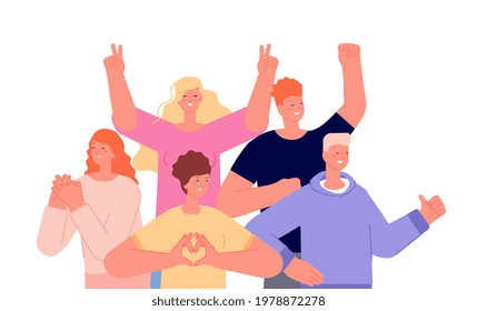 Friends together concept. Happy excited people, young business group. Celebration party team, isolated cartoon friendship utter vector illustration