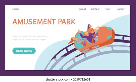 Friends together enjoy summer vacation, weekend, roller coaster riding, happy laughing or excited scared in flat vector illustration isolated on white. Banner with amusement park fun concept