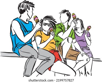 amigos juntos divertiéndose comiendo helado amistad concepto vector ilustración