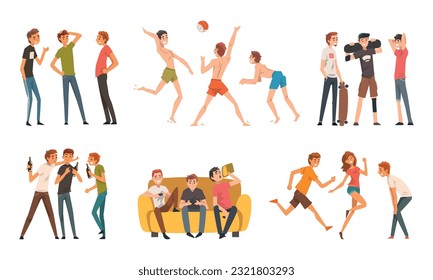 Friends Together Playing Volleyball, Talking, Drinking Beer and Playing Video Game on Sofa Vector Set