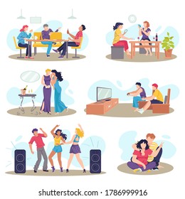 Friends together set of friendly people vector illustrations. Friendship, relationship between man and woman. Dancing, eating, speaking and spending time together. Social pastime, person and society.