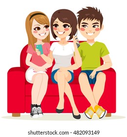 Friends together sitting on couch talking and using smartphone