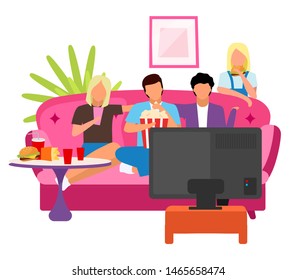 Friends together watching movie flat illustration. Guys and girls spending time, evening at home with TV cartoon characters. Students watch film. Best friends company sitting on sofa, eating snacks