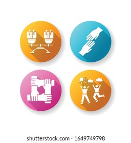 Friends togetherness flat design long shadow glyph icons set. Friendship, unity and communication. Mutual benefit, helping hands, loyalty and enjoyment. Silhouette RGB color illustration