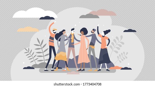 Friends togetherness in social community trust group scene flat tiny persons concept. Cheerful communication in meeting with multiracial people vector illustration. Happy and fun activity together.