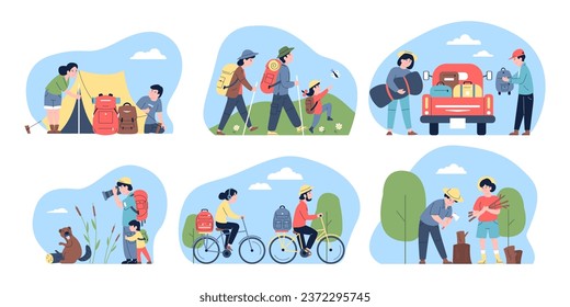 Friends travel adventures. Family hiking on nature, couple with backpack and on car. Outdoor healthy camping rest, recent vector scenes