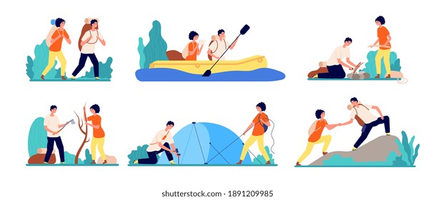 Friends travel adventures. Hiking tourist, man boating on river travelling. Adults journey camping, couple on peak mountain utter vector set