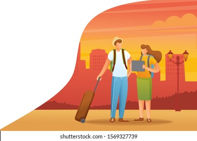 Friends travel around the city with an electronic map on a tablet. Flat 2D character. Concept for web design.