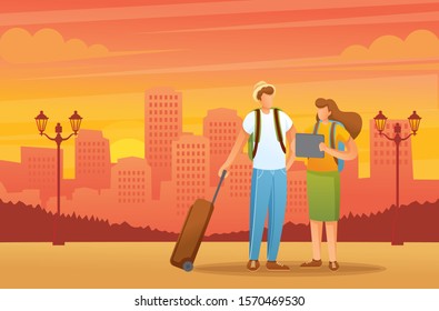 Friends travel around the city with an electronic map on a tablet. Flat 2D character. Illustration concept for animation and web design.