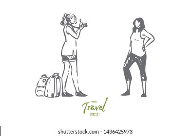 Friends travel concept sketch. Taking picture near local landmark. Explorers photographing culture, landscape. Selfie for social media. Girlfriends traveling together. Isolated vector illustration