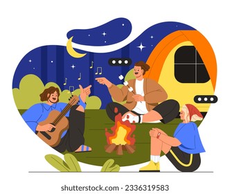 Friends travel outdoor concept. Men and woman sit near fire with musical instruments and marshmallows. Hiking and camping, recreation and leisure at nature. Cartoon flat vector illustration