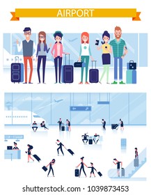 Friends travel together. Vector People with luggage ready for vacation travel at the airport. Arrivals and Departures at Airport, Waiting Room. People sitting and walking at airport terminal. 