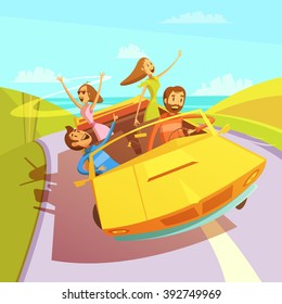 Friends traveling in a cabriolet to the sea background with men and women cartoon vector illustration 