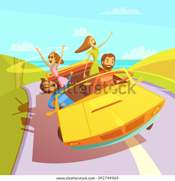 Friends traveling in a\
cabriolet to the sea background with men and women cartoon vector\
illustration 