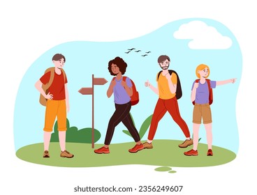 Friends traveling outdoor concept. Hiking and camping. Women and men with backpacks at road near roadsigns. Active lifestyle and leisure. Travels and tourists. Cartoon flat vector illustration
