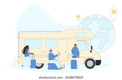 Friends travelling by car. Caravan, camper trailer with people. Road trip on outdoor vacation. Summer holiday journey. Vector flat illustration.