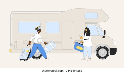 Friends travelling by car. Two young woman prepare to caravan, camper trailer adventure. Road trip vacation. Summer holiday journey. Vector flat illustration.