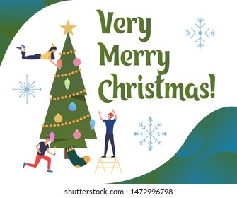 Friends trimming up the New Year tree. Christmas, holiday, party. Merry Christmas concept. Vector illustration for presentation slide, poster, new projects