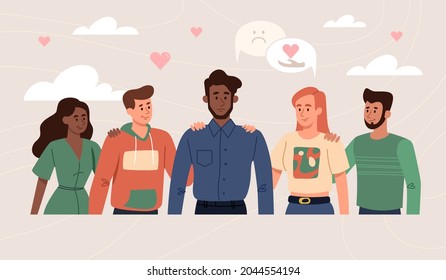 Friends are trying to help in friend's relationship crisis with psychological therapy talking. Concept of empathy and emotional feeling support with people problems. Flat cartoon vector illustration