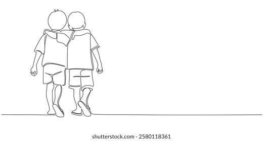 friends two boys walking together line art style vector illustration