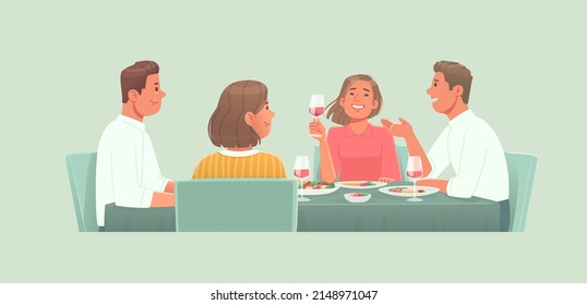 Friends Or Two Family Couples Are Sitting At The Table, Talking, Drinking Wine And Eating On An Isolated Background. Meeting Friends In A Restaurant Or At Home. Vector Illustration In Flat Style