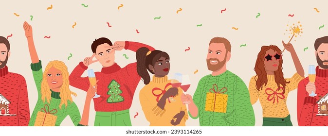 Friends in ugly sweaters seamless border. People celebrating party vector illustration. 