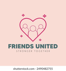 Friends United Modern and Clean Logo Design. Stronger Together Typography Illustration. A Heart in The Middle Of The Text.